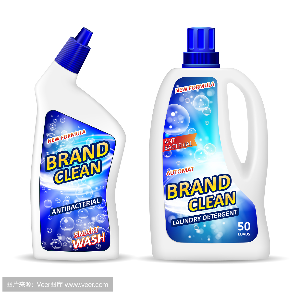 真实的塑料瓶子模型与标签,抗菌凝胶洗衣粉清洁浴室,液体肥皂厕所清洁剂。白色包装设计为您的品牌。矢量图
